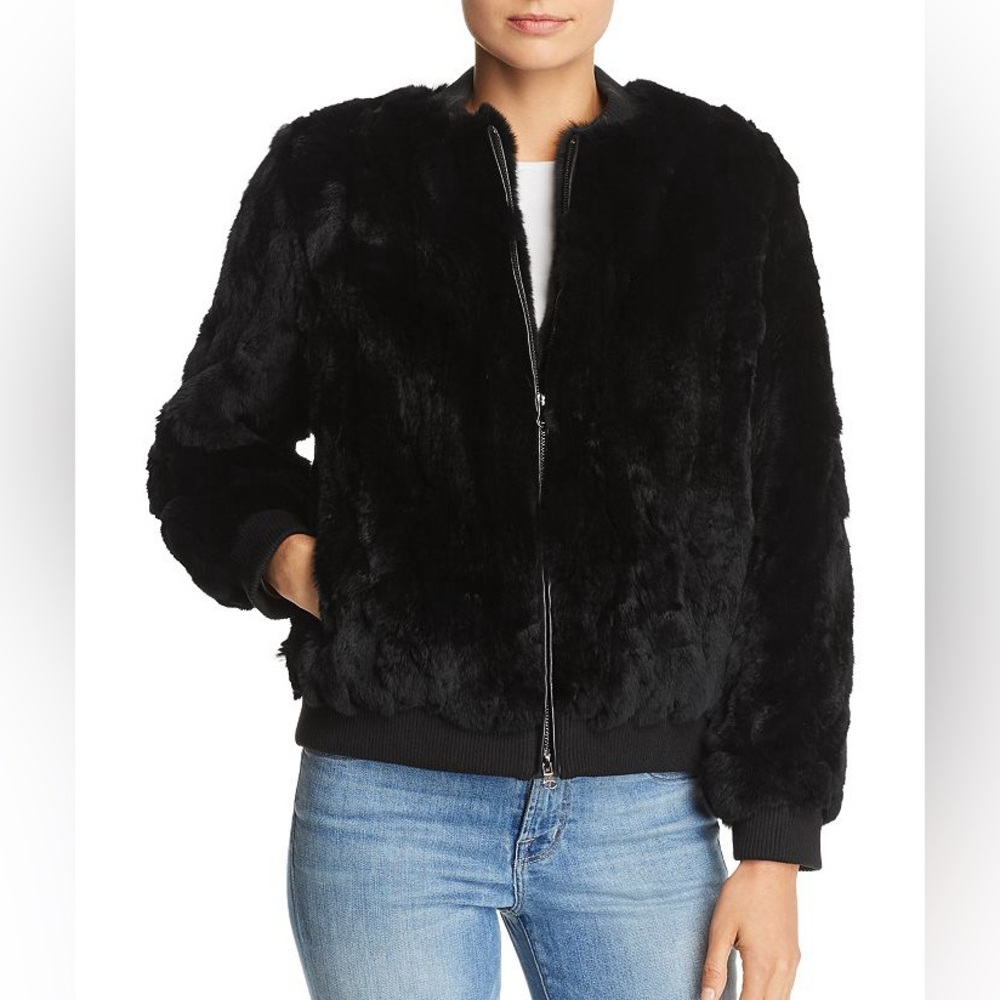 New 525 America luxe black genuine rabbit fur jacket size large Bloomingdales